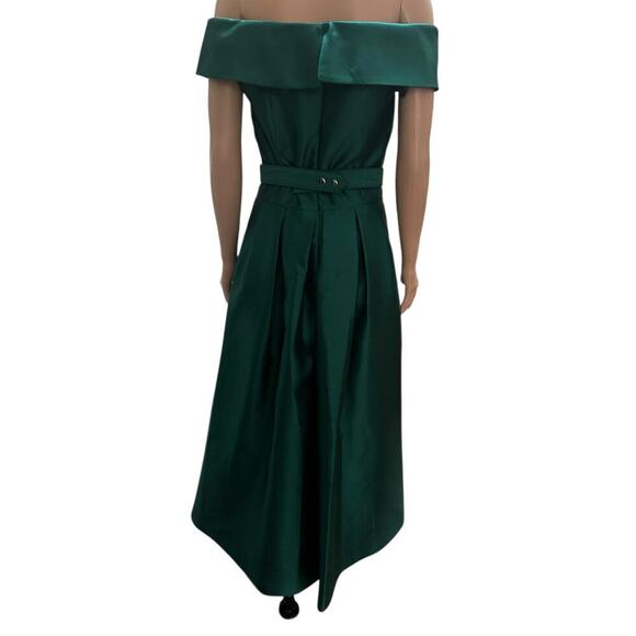 Eliza J Off-Shoulder Satin Gown - Emerald Green - Size 6. Embellished belt. - Picture 4 of 9